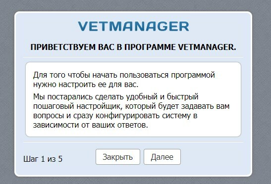 Экран мастера настройки Ветменеджера